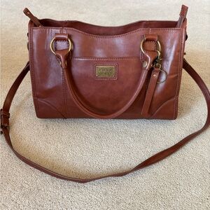 Frye and Co Brown Cognac Faux Leather Boho Crossbody Satchel Bag Purse